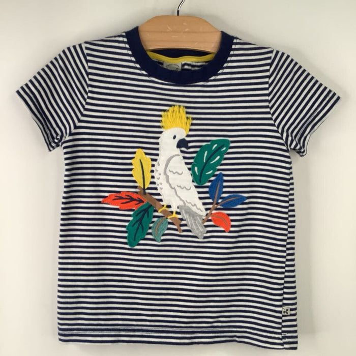 Size 5-6: Frugi White/Blue Striped Bird Print T-Shirt