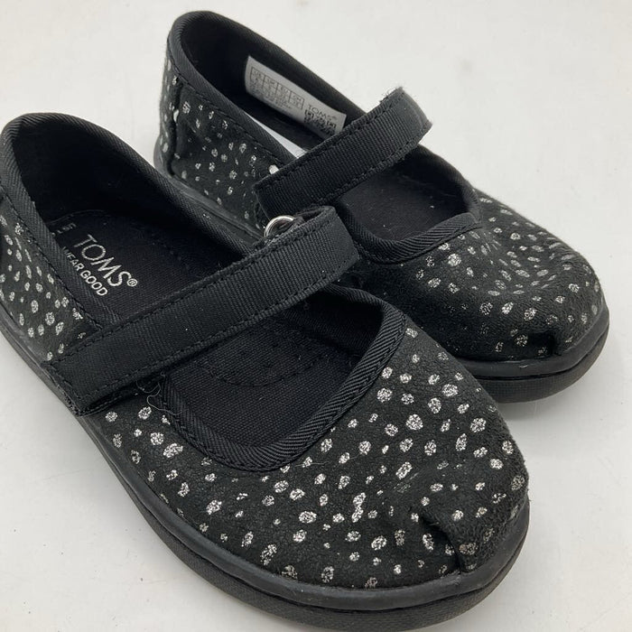 Size 6: TOMS Black/Sparkly Print Velcro Strap Mary Janes