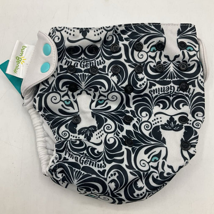 Size M: Bum Genius White/Black/Blue "I'm A Genius" Adjustable Snap Cloth Diaper