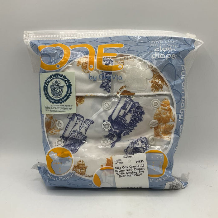 Size O/S: Grovia All In One Cloth Diaper: White Smokey The Bear Print-NEW