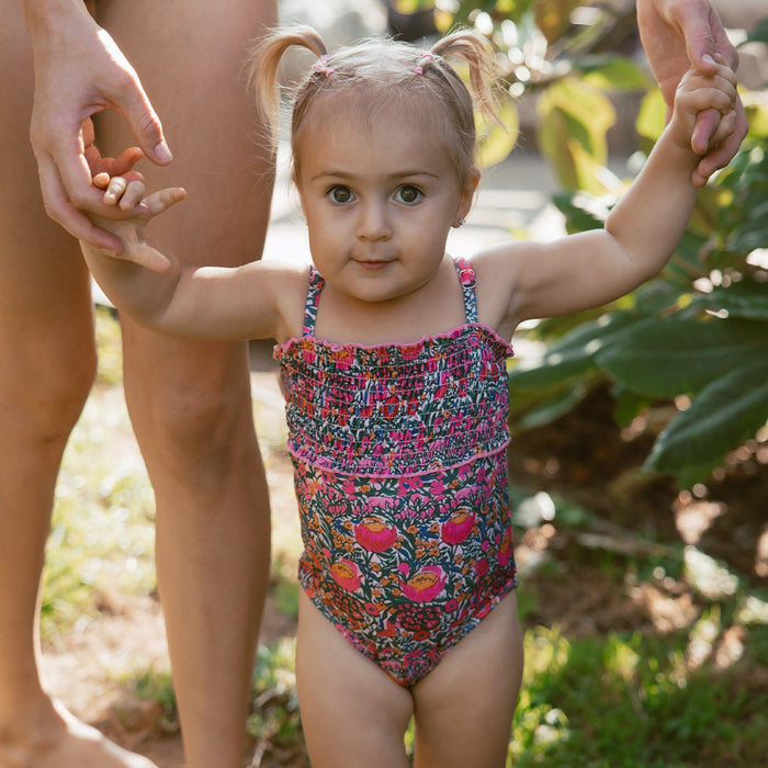 Smocked One Piece Swimsuit (Girls) Garden of Fuchsia / 2T Garden of Fuchsia 2T One Piece Swimsuit Janela Bay- Tilden Co.
