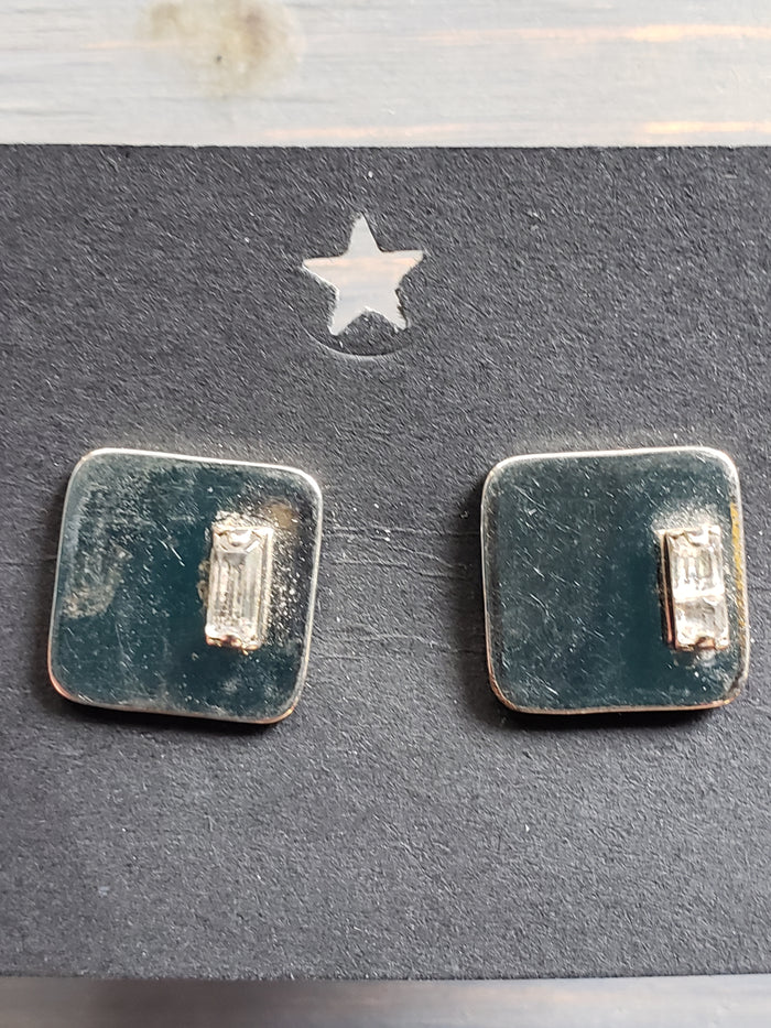 Square silver cuff links with faceted rectangular clear stone