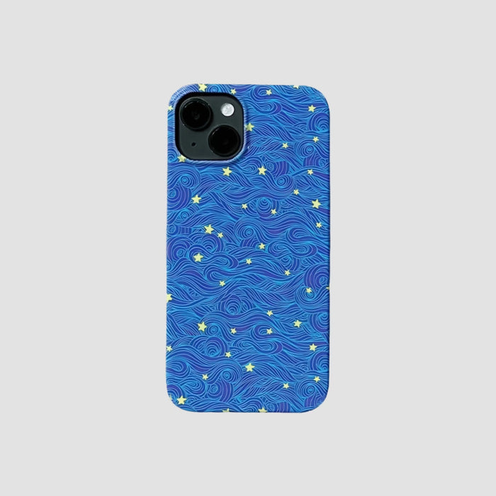 Blue silicone iPhone case with a wavy, dreamy starry night design inspired by celestial art.