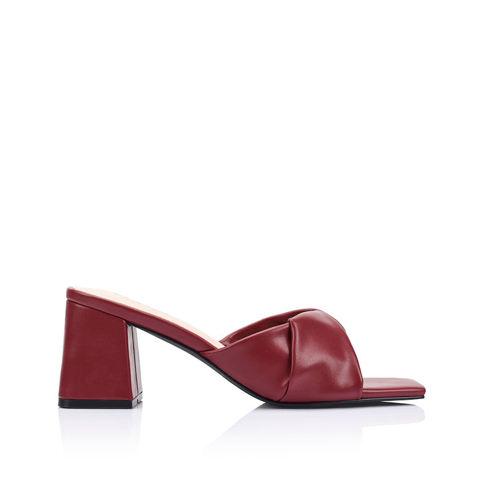 Womens burgundy wine vegan block heeled mule with crossover straps