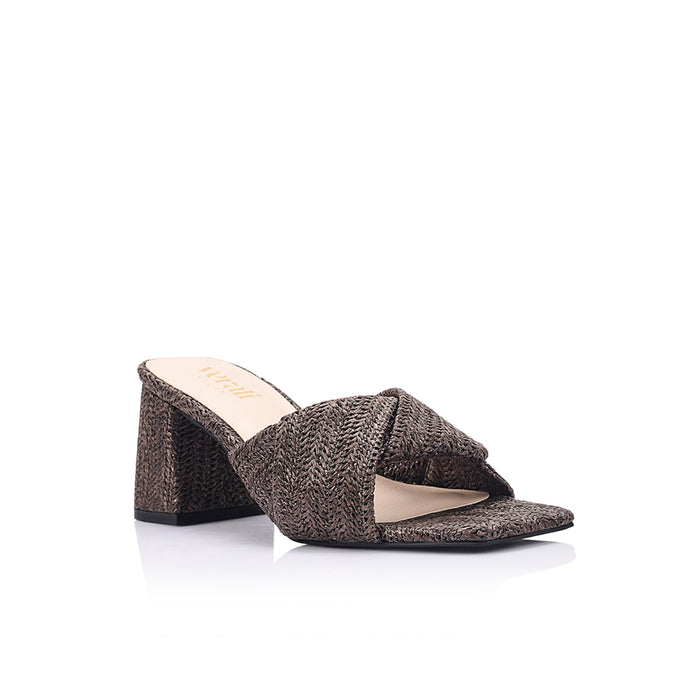 Stella Block Heel Mules - Chocolate Brown Raffia