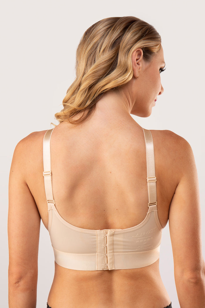 Back view of the BR00 medical stabilizer showing the back hook-and-eye closure for adjustable, secure sternum compression.