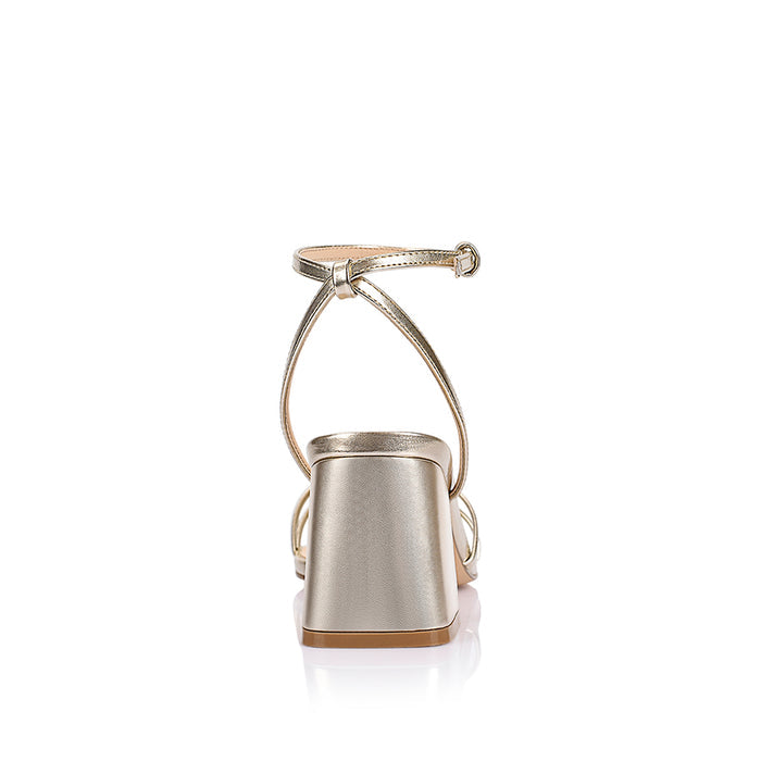 Women's champagne gold metallic vegan strappy block heel with adjustable ankle