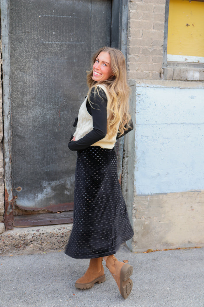 Straight Skirt in Black Sparkle Midi Skirt Mikarose- Tilden Co.