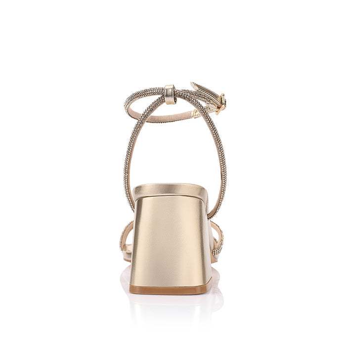 Women's vegan metallic gold block heel strappy sandal with diamontes