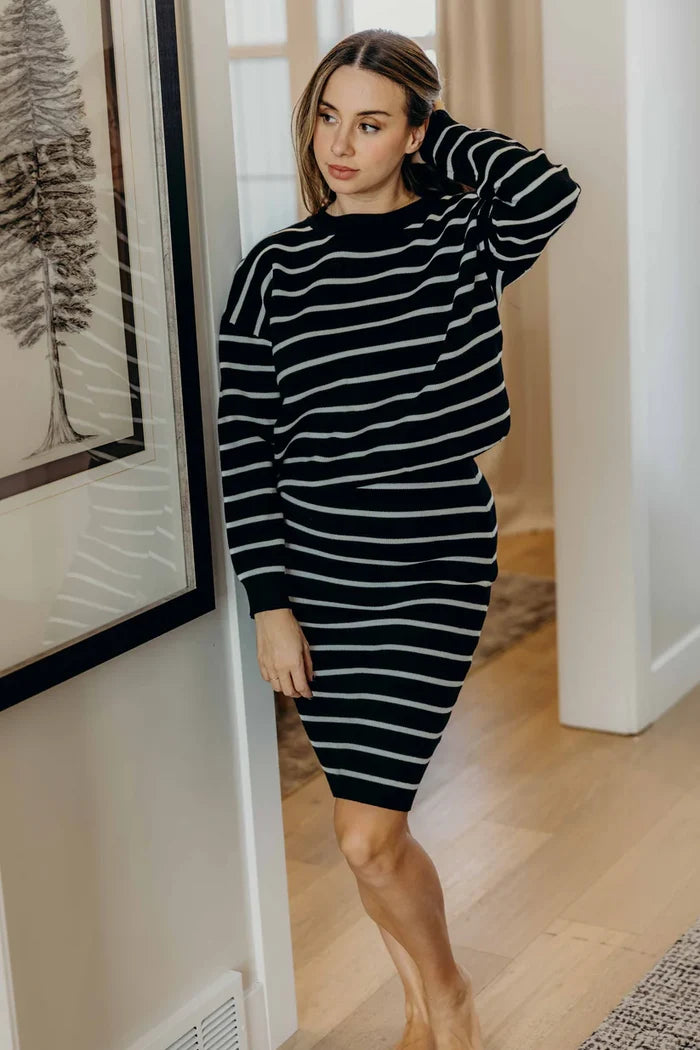 Striped Knit Sweater in Black Sweater Mikarose- Tilden Co.