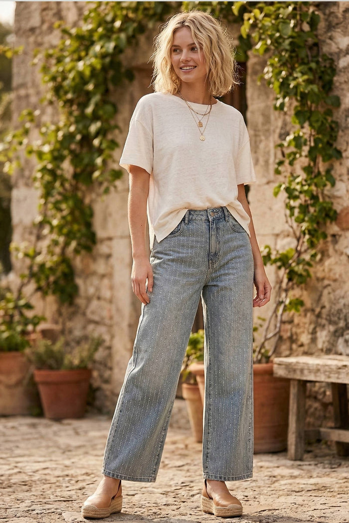 Studded Wide Leg Denim Jeans Small Small Jeans Sewn and Seen- Tilden Co.
