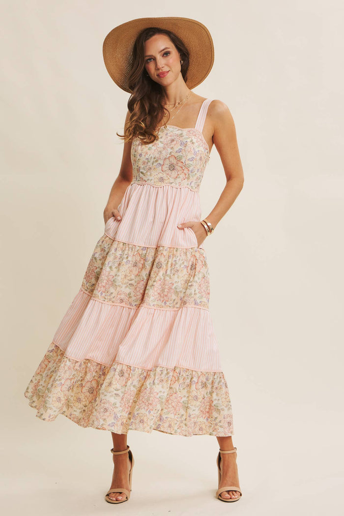 Sunlit Patchwork Tiered Midi Dress Small Small Midi Dress in february- Tilden Co.