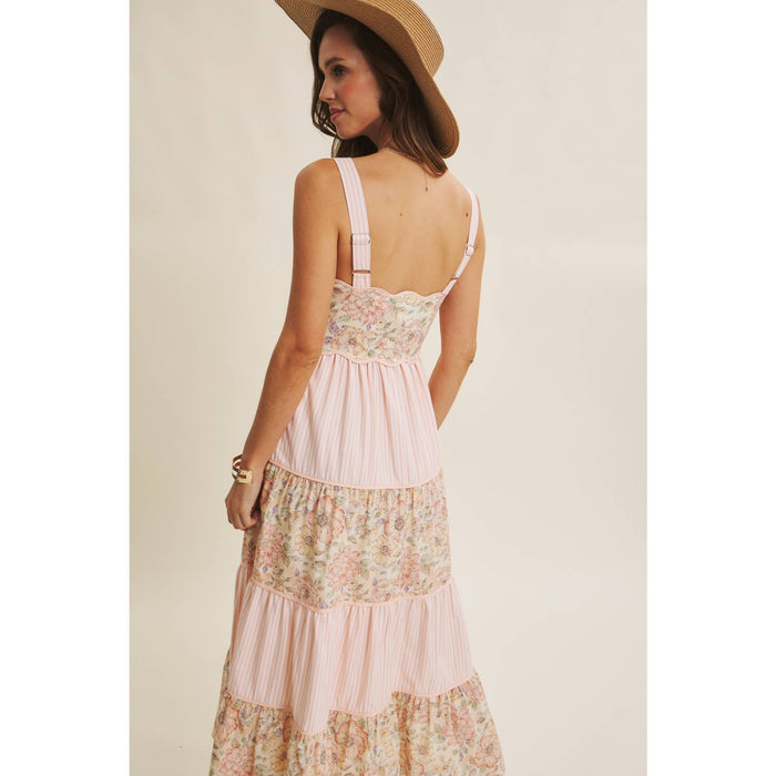 Sunlit Patchwork Tiered Midi Dress Midi Dress in february- Tilden Co.