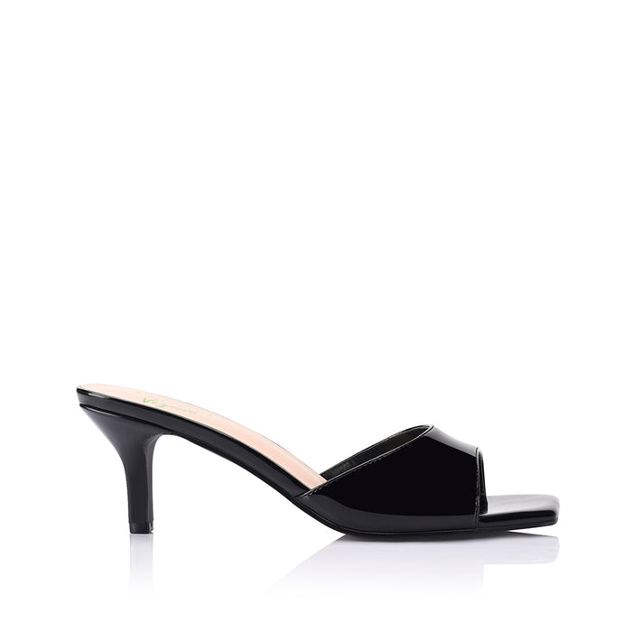 Womens black patent kitten heel mule with square toe