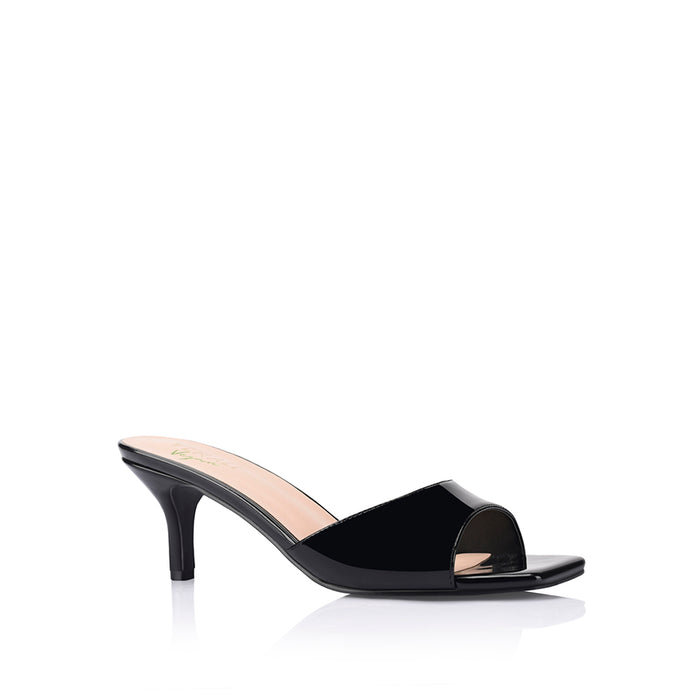 Womens black patent kitten heel mule with square toe
