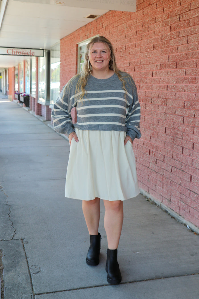 The Cameron Dress in Light Gray Knee Length Dress Mikarose- Tilden Co.
