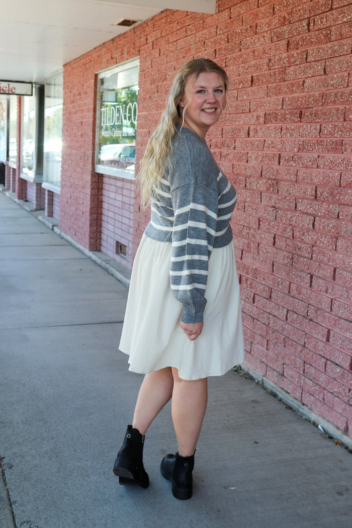 The Cameron Dress in Light Gray Knee Length Dress Mikarose- Tilden Co.
