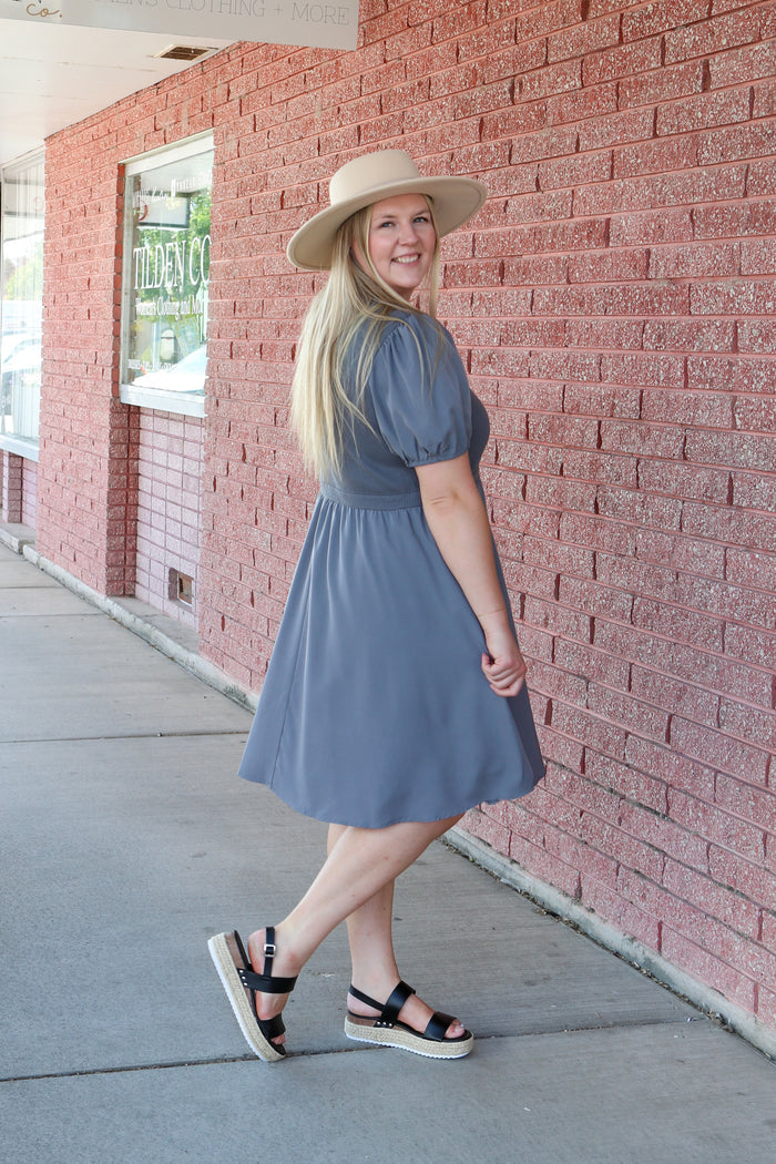 The Ophelia Dress in Cornflower Blue Knee Length Dress Mikarose- Tilden Co.