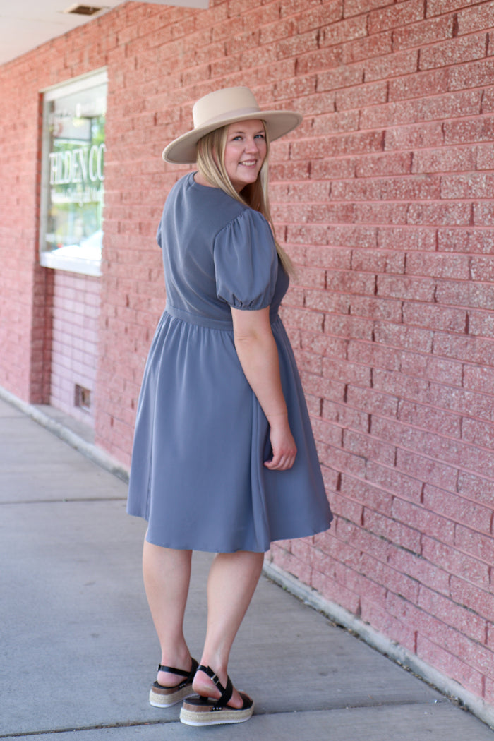 The Ophelia Dress in Cornflower Blue Knee Length Dress Mikarose- Tilden Co.