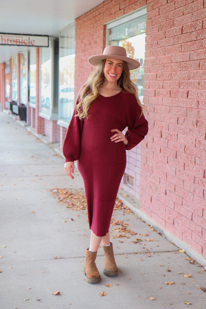 The Romee Sweater Dress in Rhubarb Midi Dress Mikarose- Tilden Co.