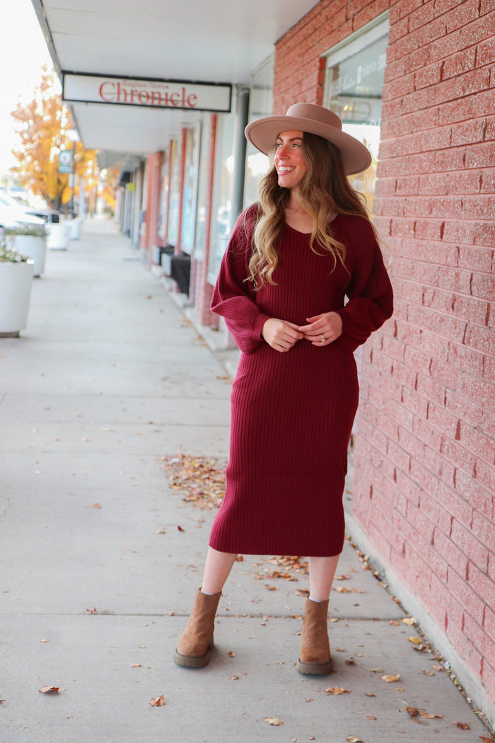 The Romee Sweater Dress in Rhubarb Midi Dress Mikarose- Tilden Co.