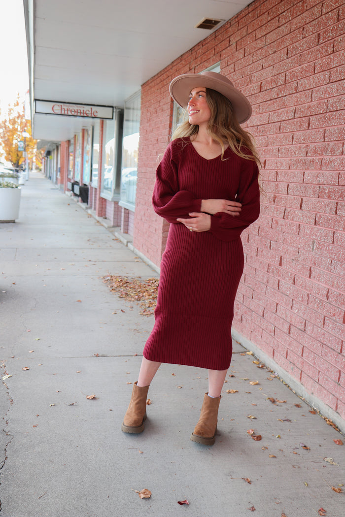 The Romee Sweater Dress in Rhubarb Midi Dress Mikarose- Tilden Co.