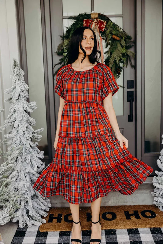 The Serena Dress in Cranberry Plaid Midi Dress Mikarose- Tilden Co.