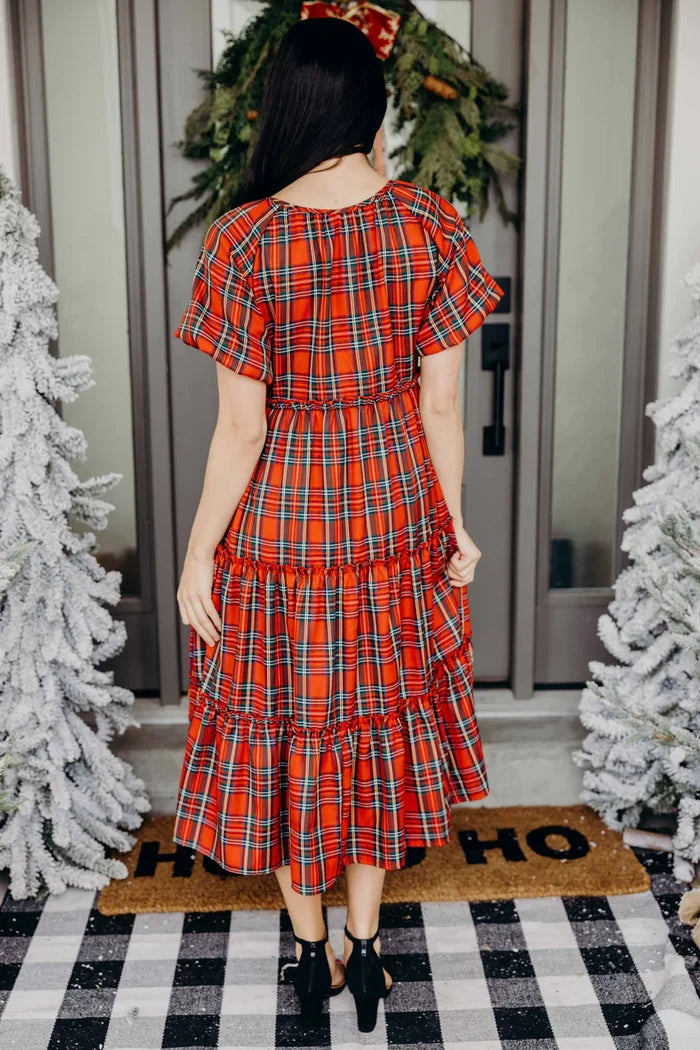 The Serena Dress in Cranberry Plaid Midi Dress Mikarose- Tilden Co.