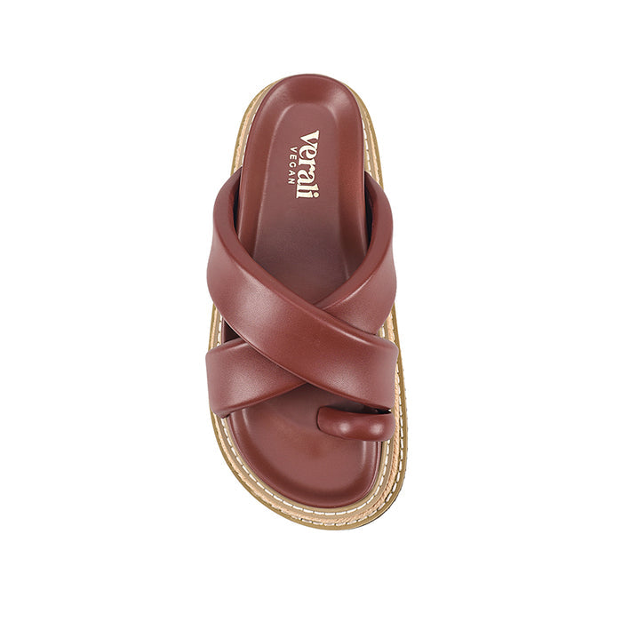 Women's platform sandal with crossover straps and toe ring in berry