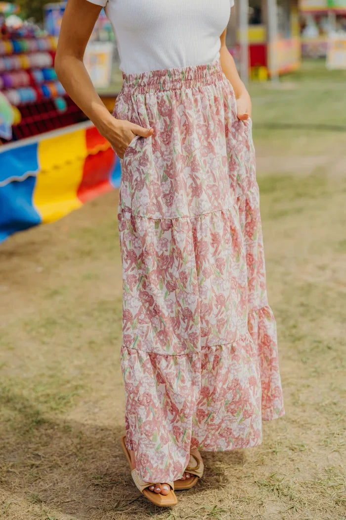 Tiered Boho Skirt in Tulip Sonata Midi Skirt Mikarose- Tilden Co.