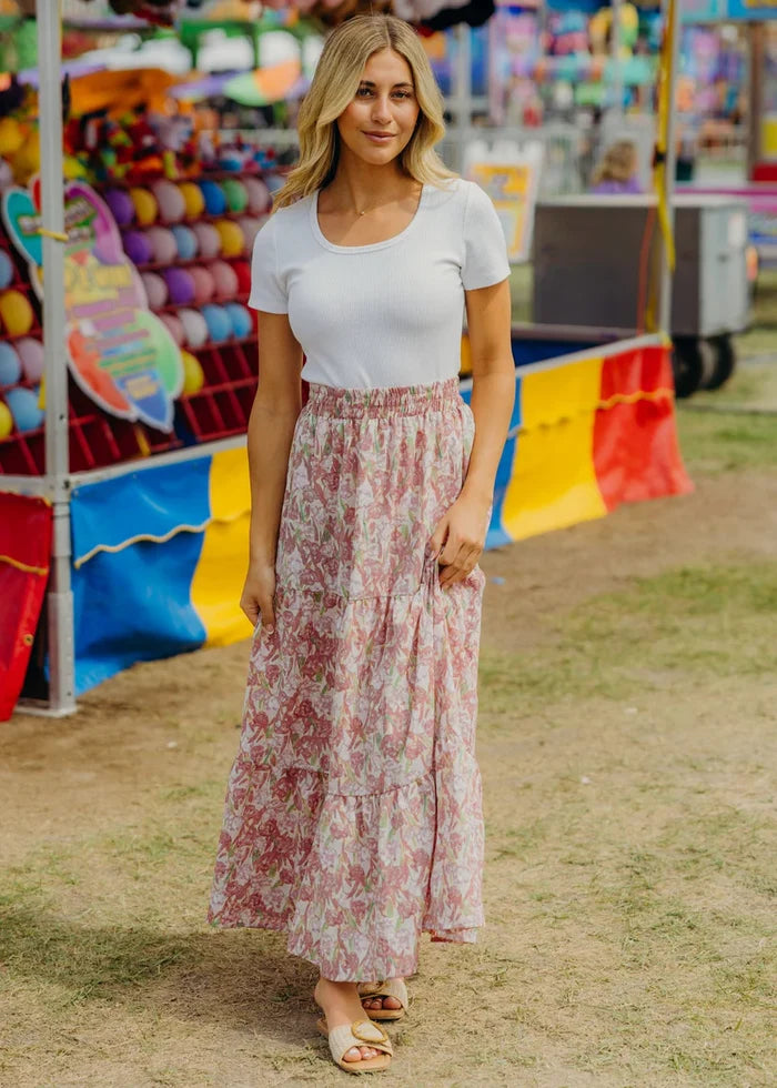 Tiered Boho Skirt in Tulip Sonata Midi Skirt Mikarose- Tilden Co.