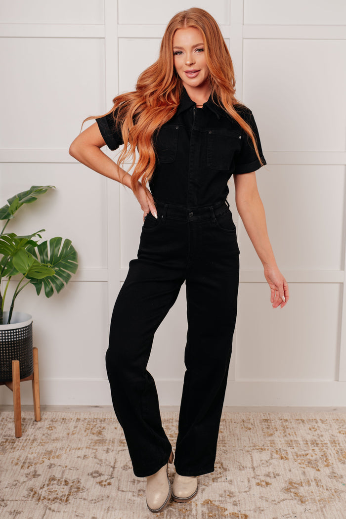 Tilda Short Sleeve Control Top Denim Jumpsuit Jumpsuit Ave Shops- Tilden Co.