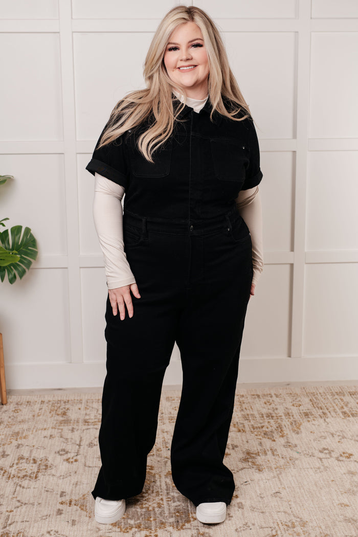 Tilda Short Sleeve Control Top Denim Jumpsuit Jumpsuit Ave Shops- Tilden Co.