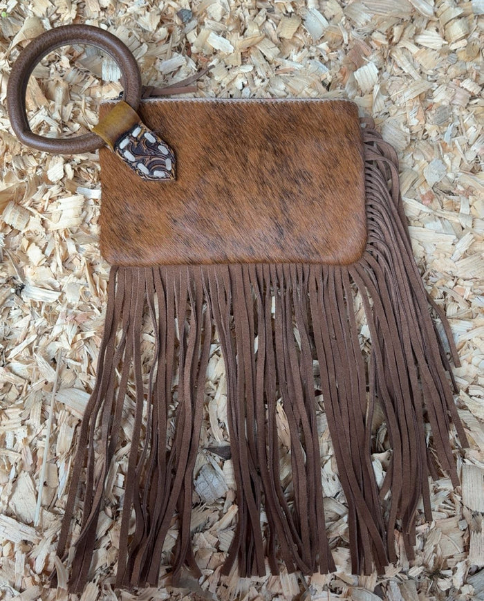 Trinity Ranch Cowhide And Fringe Leather Clutch Purse