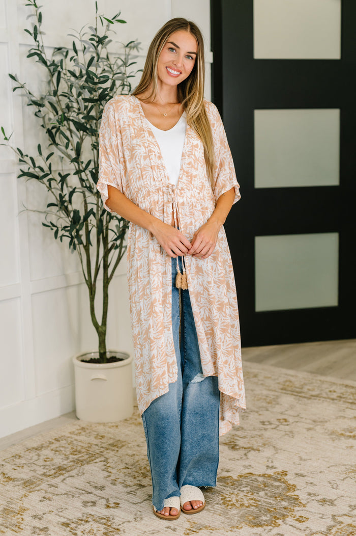 Tropical Print Gauze Kimono with Elastic Waist Tie in Milk Tea Cardigan Ave Shops- Tilden Co.