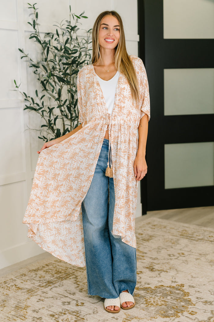Tropical Print Gauze Kimono with Elastic Waist Tie in Milk Tea Cardigan Ave Shops- Tilden Co.