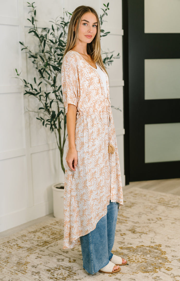 Tropical Print Gauze Kimono with Elastic Waist Tie in Milk Tea Cardigan Ave Shops- Tilden Co.