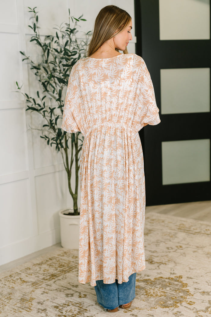Tropical Print Gauze Kimono with Elastic Waist Tie in Milk Tea Cardigan Ave Shops- Tilden Co.