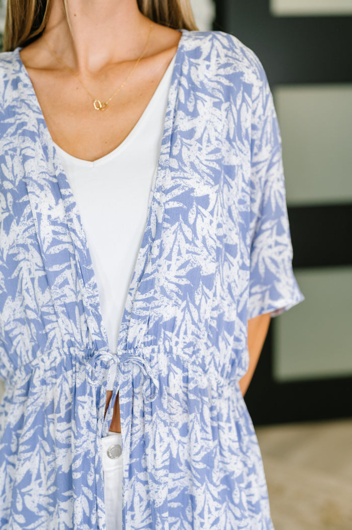 Tropical Print Gauze Kimono with Elastic Waist Tie in Periwinkle Cardigan Ave Shops- Tilden Co.