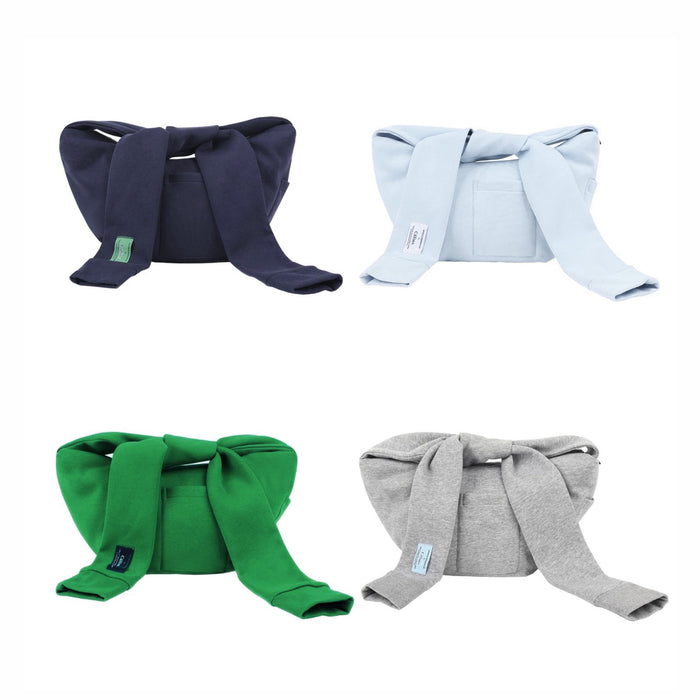 Front view of Four  Twist & Tie Sleeve Bags in navy, light blue, green, and gray, featuring unique tie.