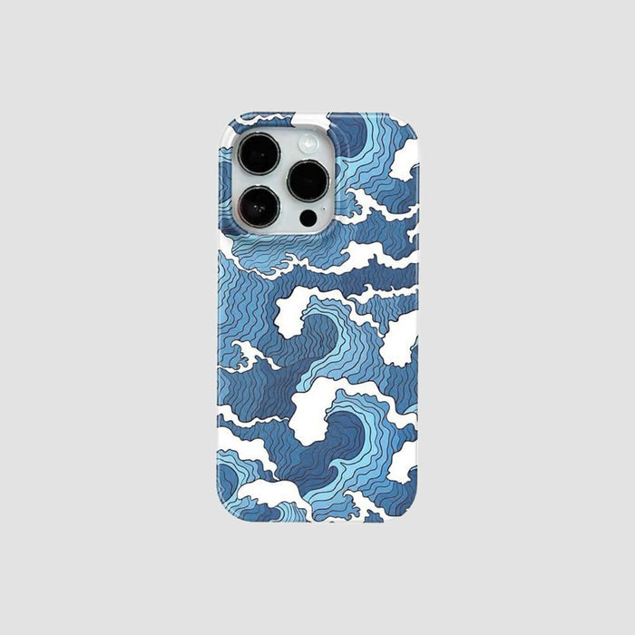 Silicone iPhone case with a blue and white Ukiyoe wave pattern and camera cutout.