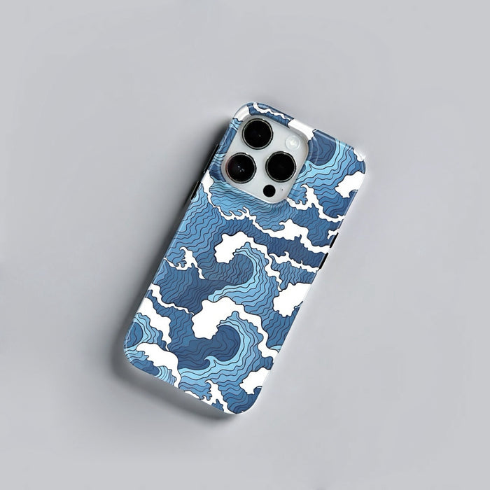 Blue and white Japanese woodblock wave pattern on a protective silicone iPhone case.