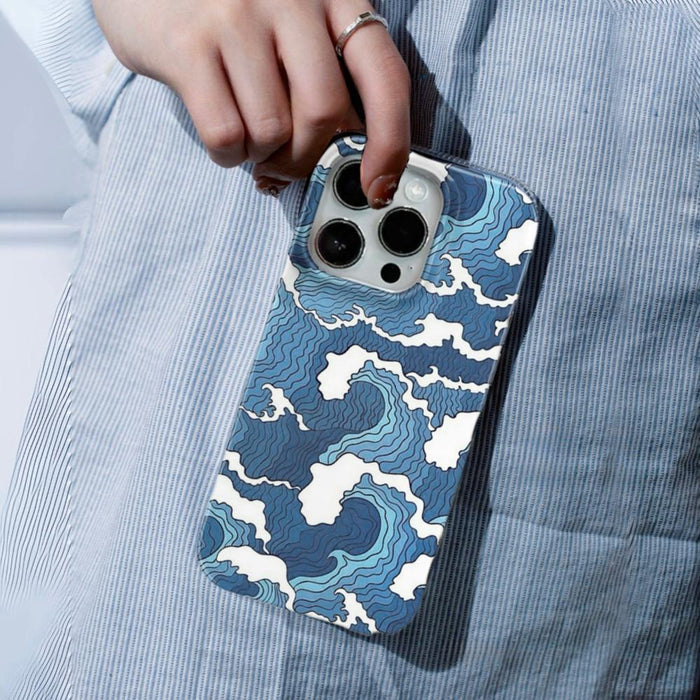 Close-up of Ukiyoe Wave Case. Detailed Japanese-inspired wave graphic on a slim-profile base.