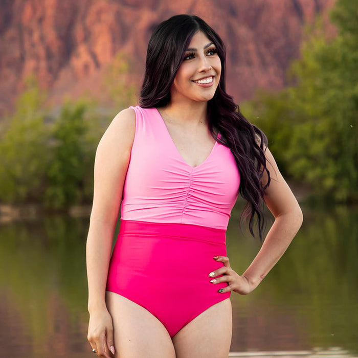 V Neck Gathered One Piece Swimsuit Fuchsia Color Block / XXS Fuchsia Color Block XXS One Piece Swimsuit Janela Bay- Tilden Co.
