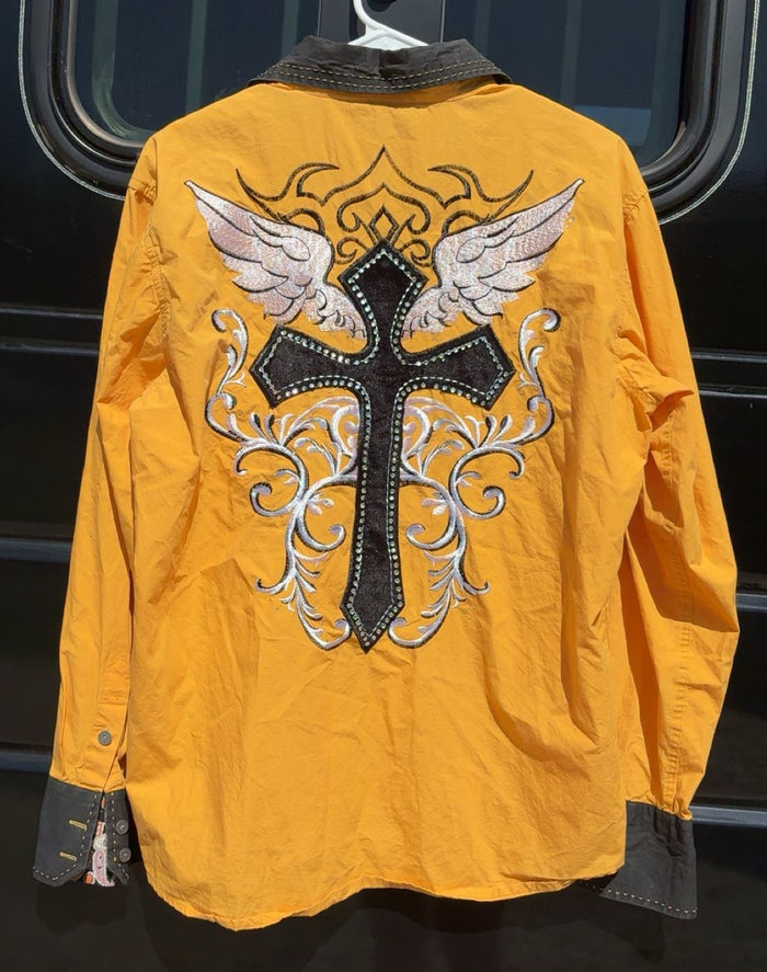 Veroni Yellow Cross Sparkle Button Up