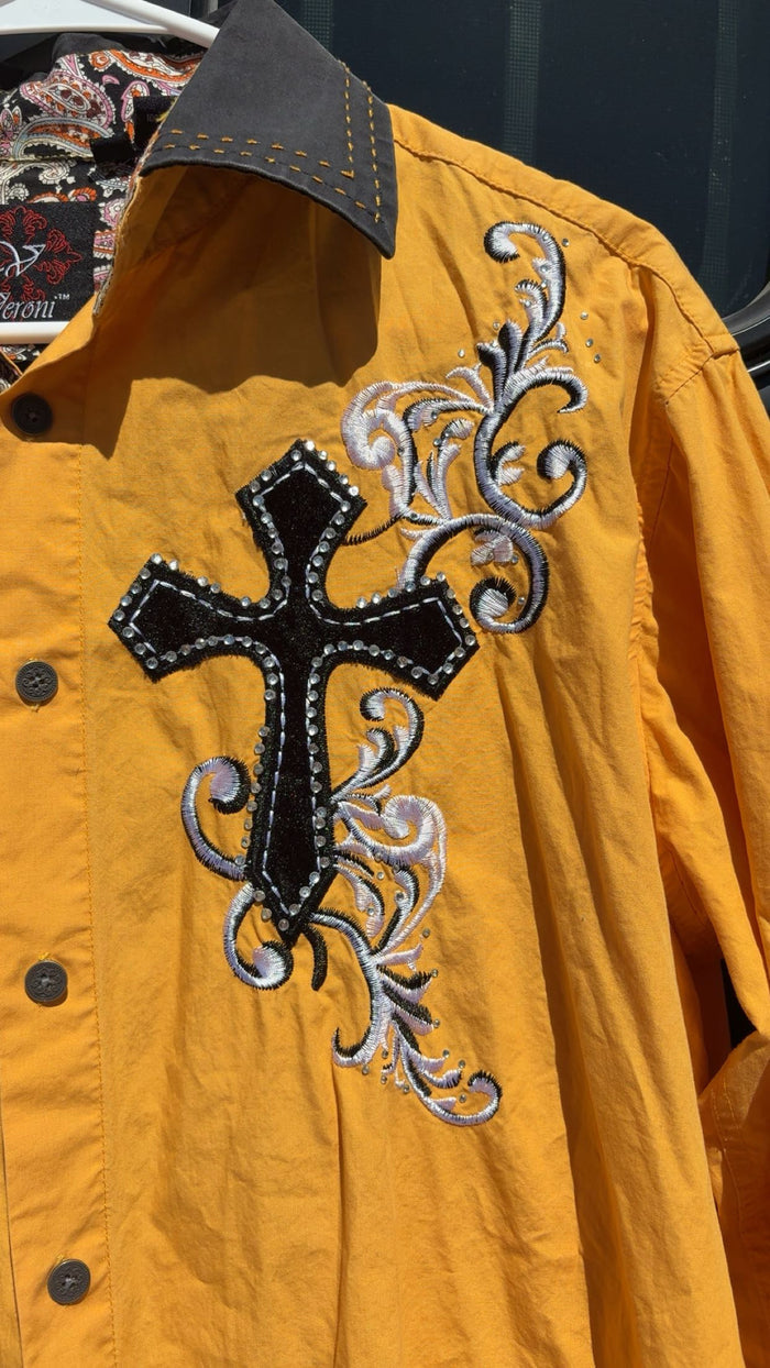 Veroni Yellow Cross Sparkle Button Up