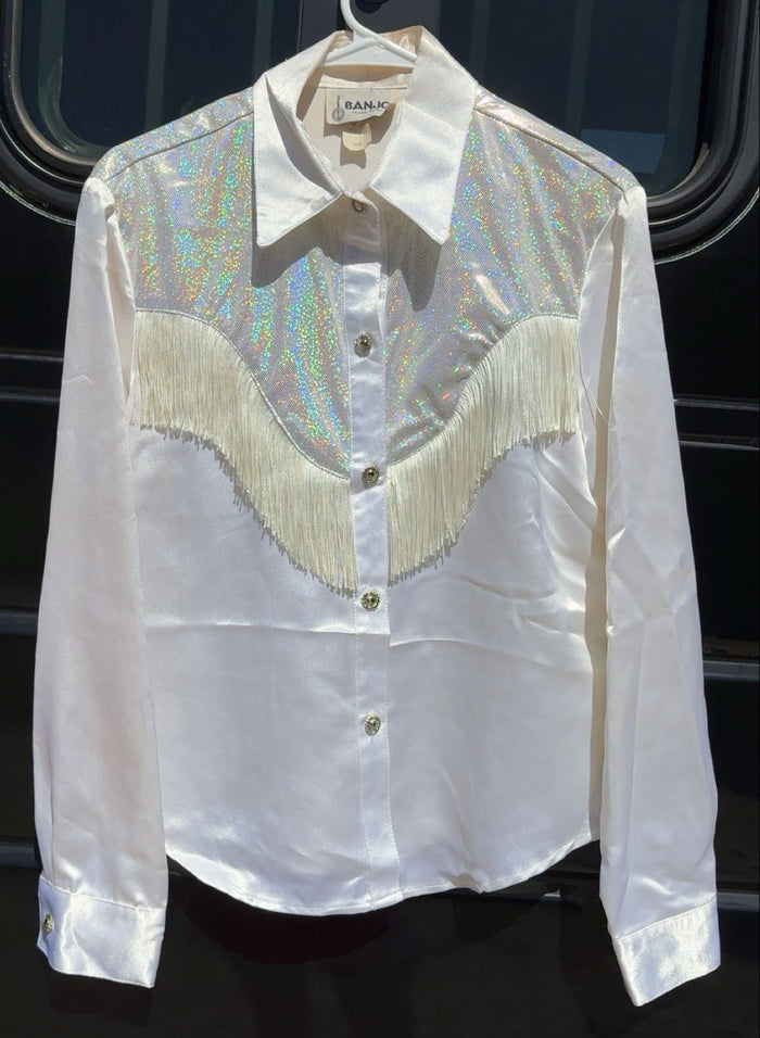 Vintage Banjo White Sparkle Fringe Peformance Shirt