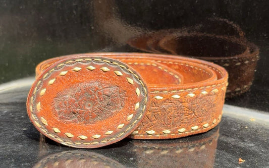 Vintage Tooled Leather & White Stitched Belt With Leather Round Buckle