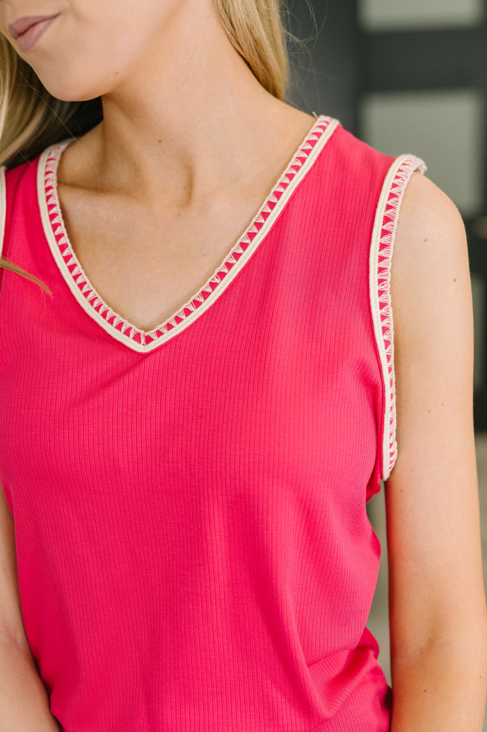 Whisper Trim Detailed V-Neck Tank in Hot Pink Tank Top Ave Shops- Tilden Co.