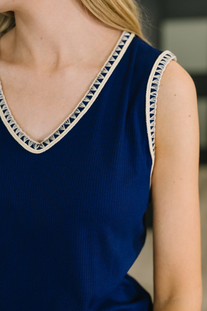 Whisper Trim Detailed V-Neck Tank in Navy Tank Top Ave Shops- Tilden Co.